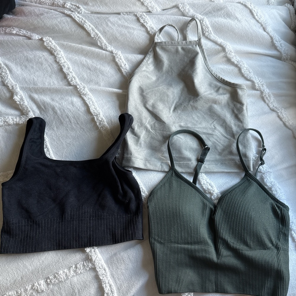 Set of Three Ribbed Crop Tops - Black, Gray, and Green